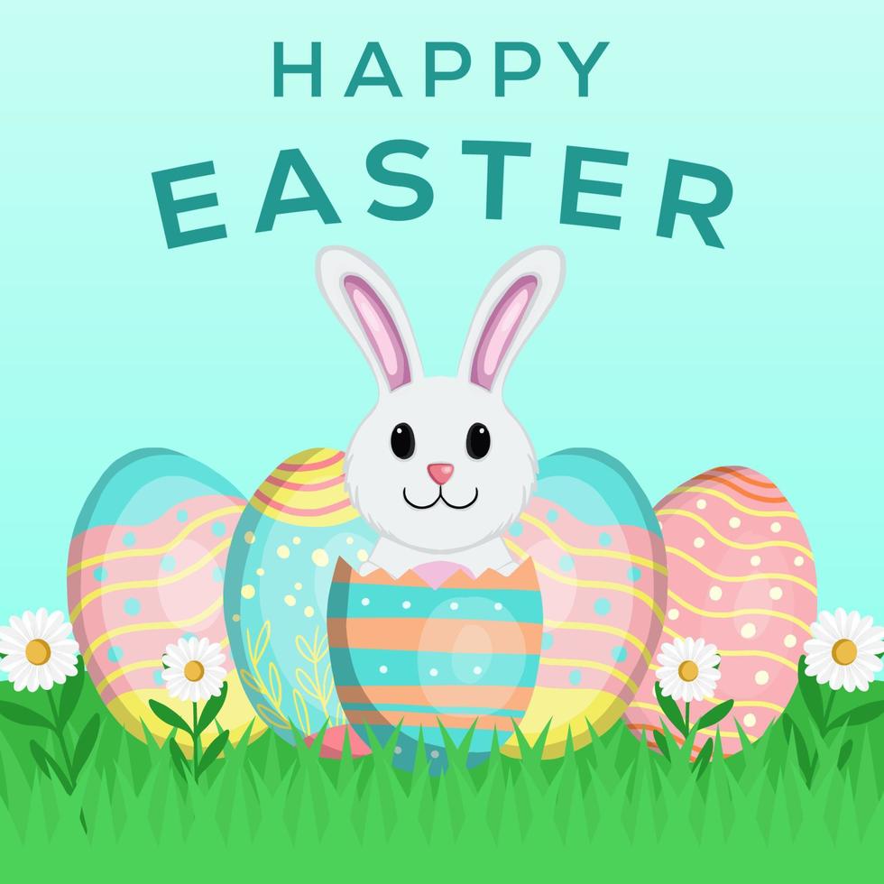 happy easter day hand drawn illustration design with eggs and rabbit show up from eggs crack vector