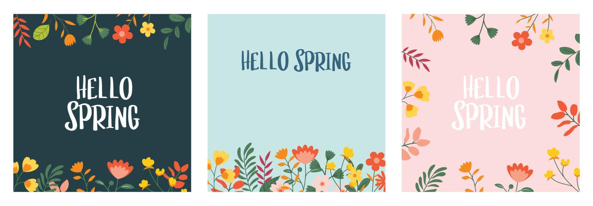 hola plantilla de fondo de banner de primavera con flores de colores. se puede usar tarjeta de medios sociales, cupón, papel tapiz, volantes, invitación, carteles, folleto. vector