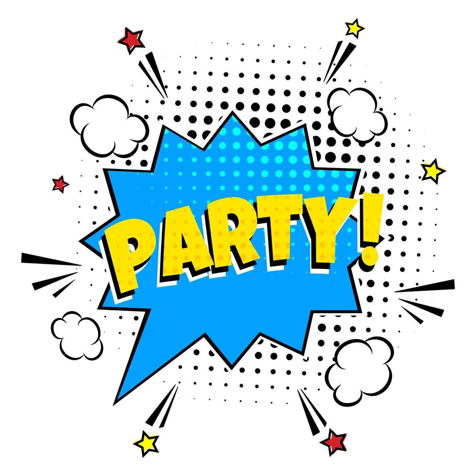 Comic Lettering Party In The Speech Bubbles Comic Style Flat Design. Dynamic Pop Art Vector Illustration Isolated On White Background. Exclamation Concept Of Comic Book Style Pop Art Voice Phrase.