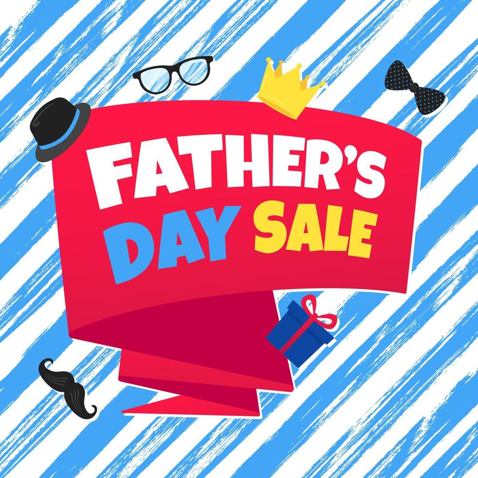 Father's day sale concept template flat style design vector illustration with big ribbon, text typography, gift boxes, hat, golden crown, mustaches, tie bow eye glasses and funny background.