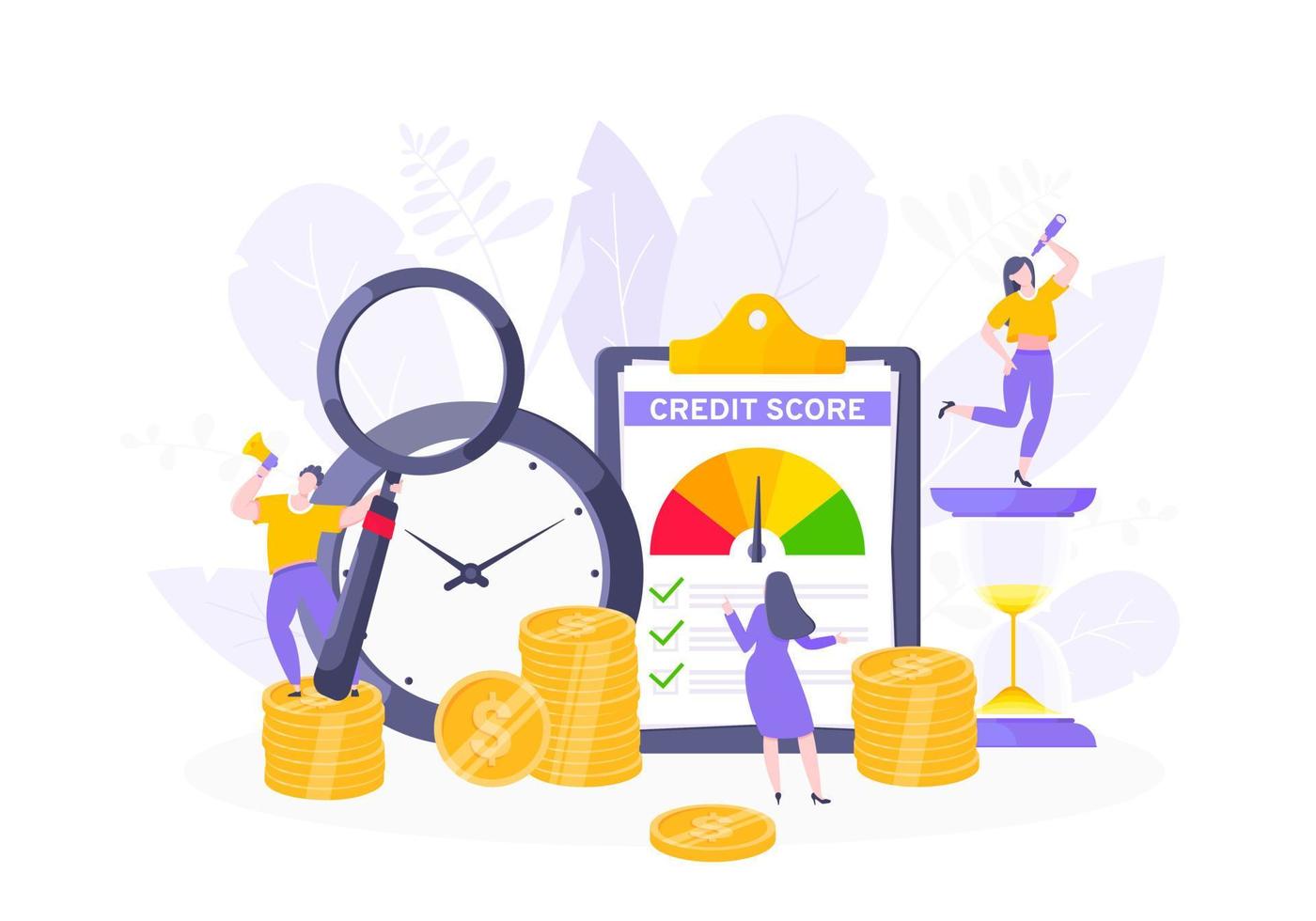 Credit score report with arrow gauge speedometer indicator with color levels on giant clipboard. vector