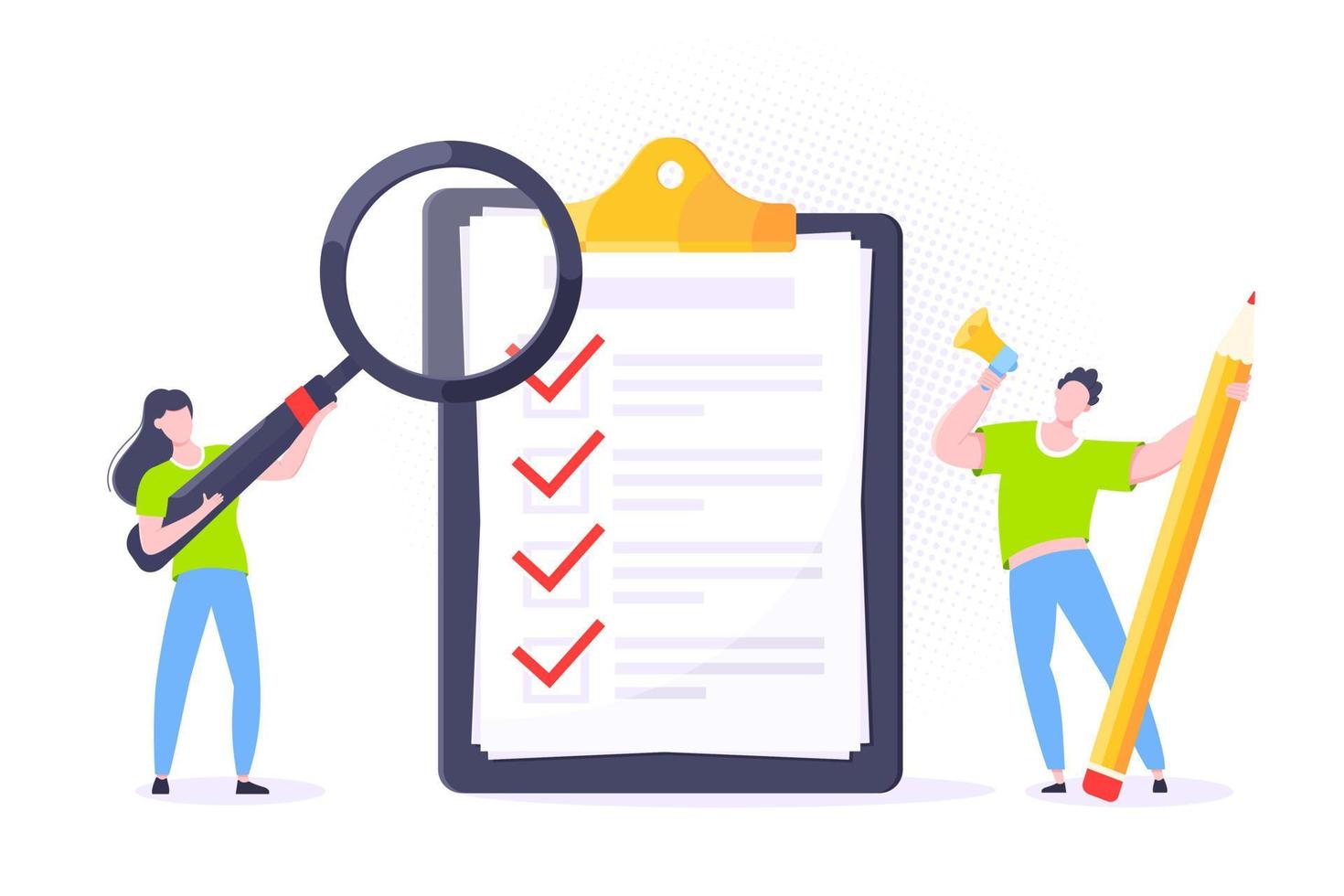 Checklist complete business concept tiny people with pencil, magnifying glass nearby giant clipboard. vector