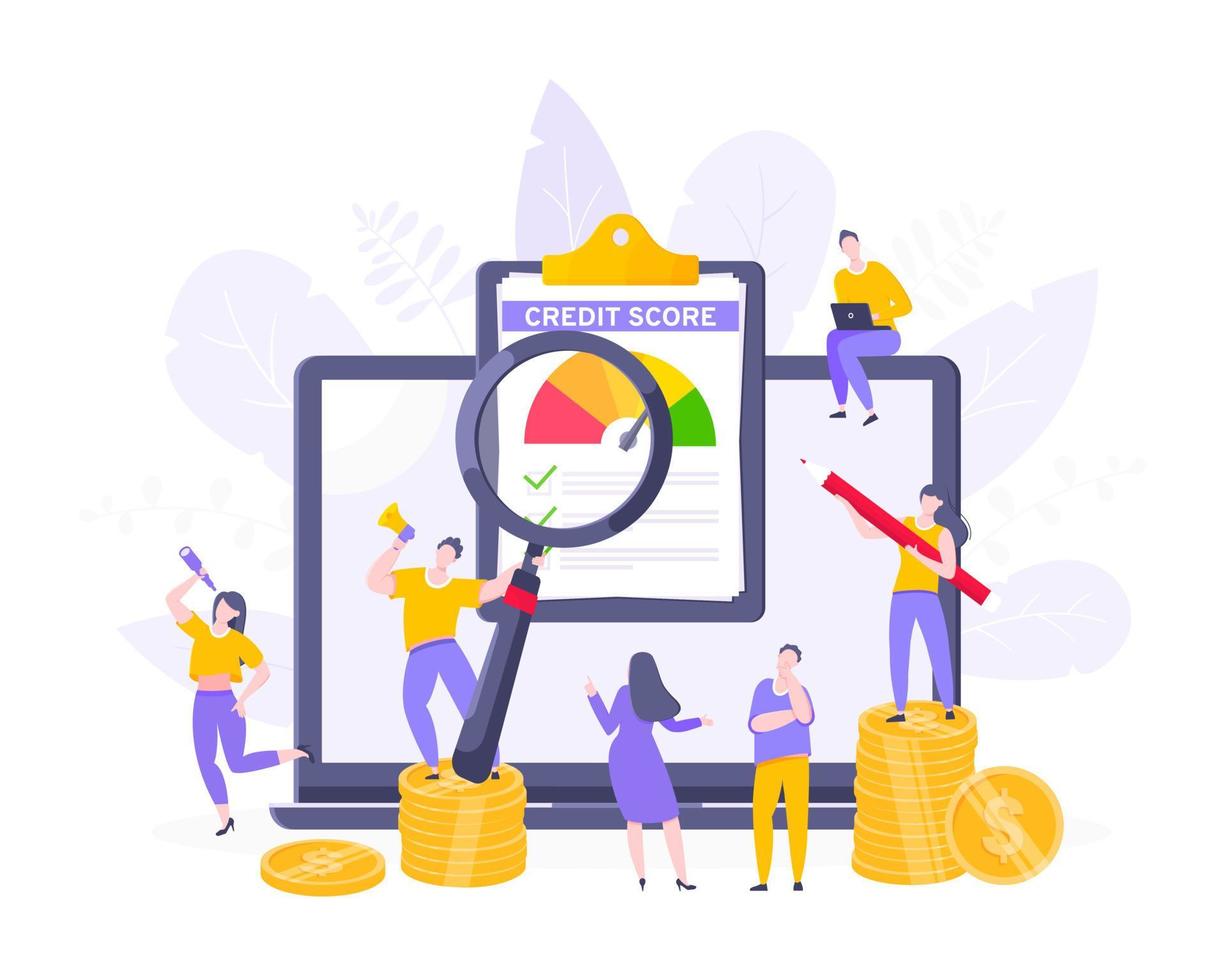 Credit score report with arrow gauge speedometer indicator with color levels on giant clipboard. vector