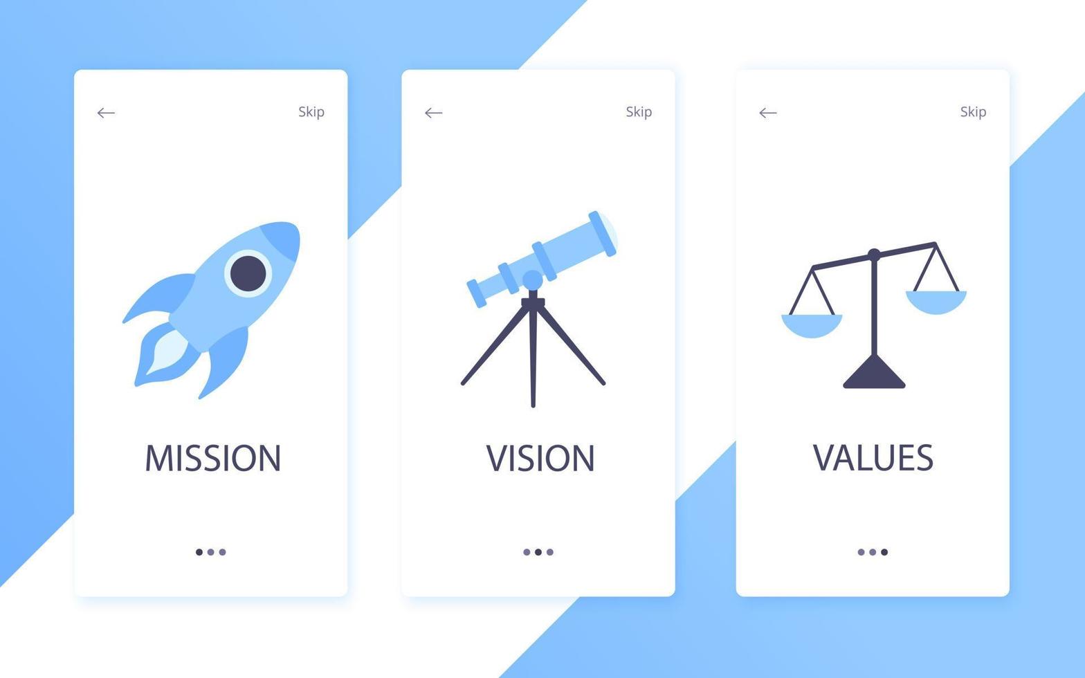 Mission, vision and values flat style design icons signs web concepts vector illustration set