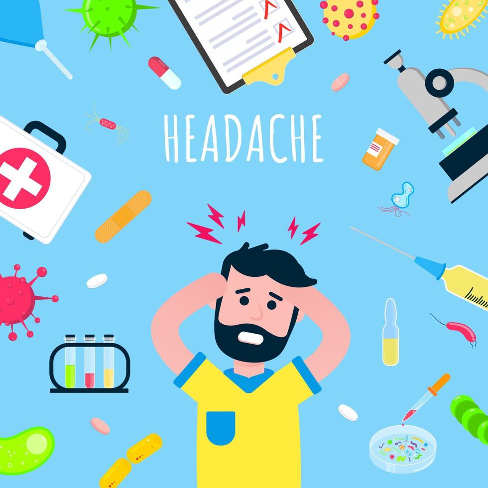 Man with headache spot pain symbol, medical painkiller drug medicine icon sign isolated on medical background flat style design vector illustration gradient version. Headache poster concept.