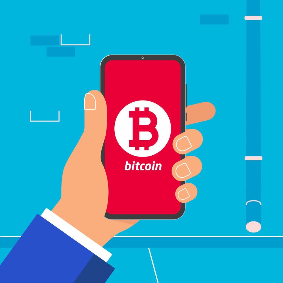 Hand holding black mobile phone with bitcoin symbol icon on the screen isolated on light blue wall background. Smartphone in human's hand vector illustration flat design style mining concept sign.