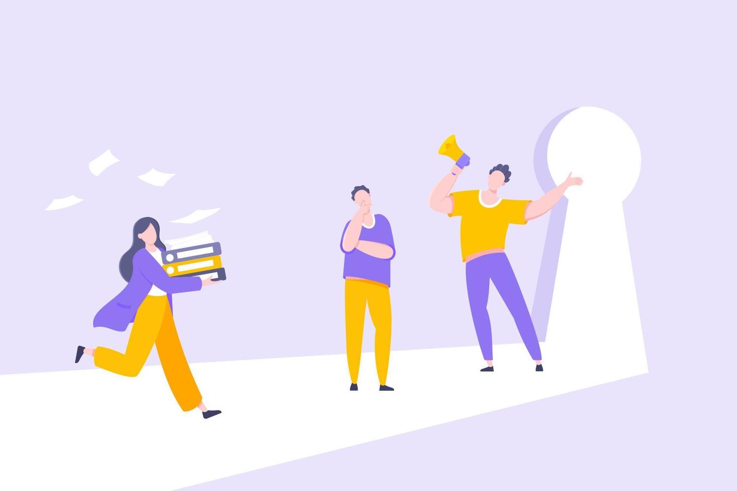 Business key opportunity concept with keyhole and ambitious woman running to career potential. vector