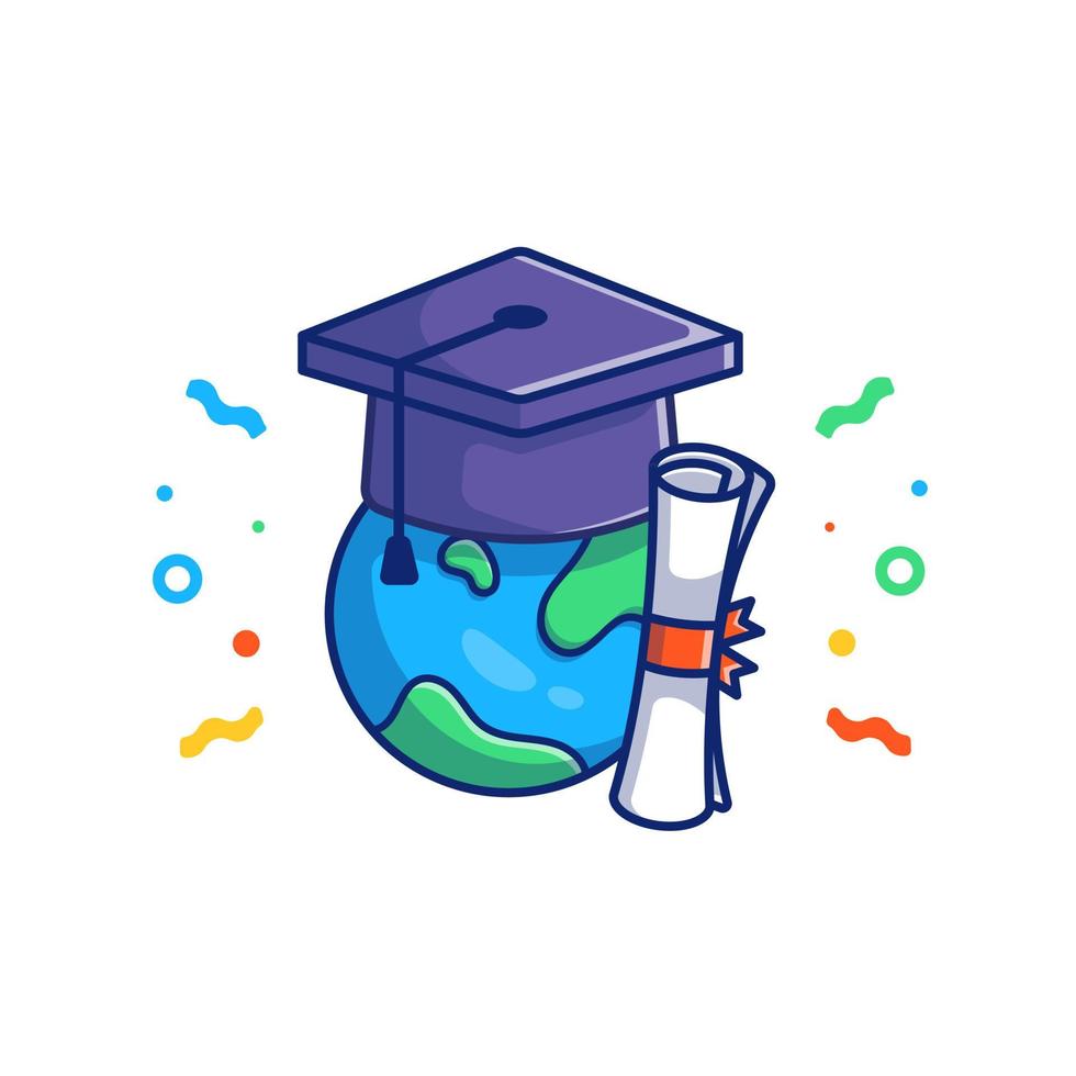 mundo, sombrero de graduación y certificados de licenciatura ilustración de icono de vector de dibujos animados. educación objeto icono concepto aislado premium vector. estilo de dibujos animados plana