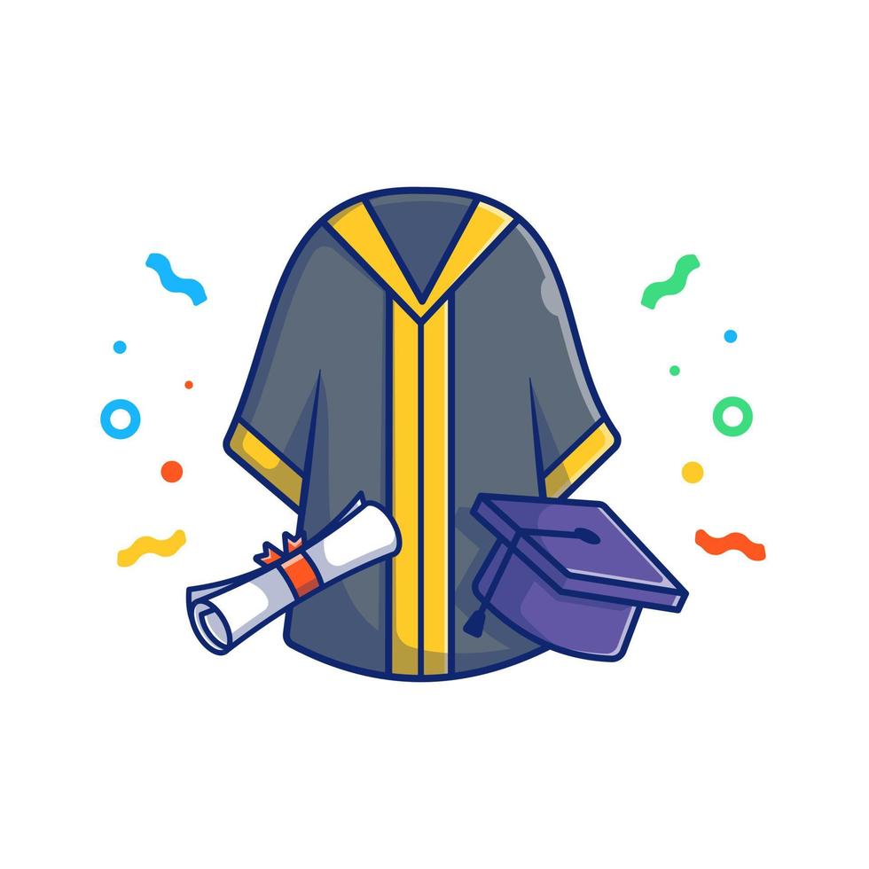 traje de graduación con sombrero y certificados de licenciatura ilustración de icono de vector de dibujos animados. educación objeto icono concepto aislado premium vector. estilo de dibujos animados plana