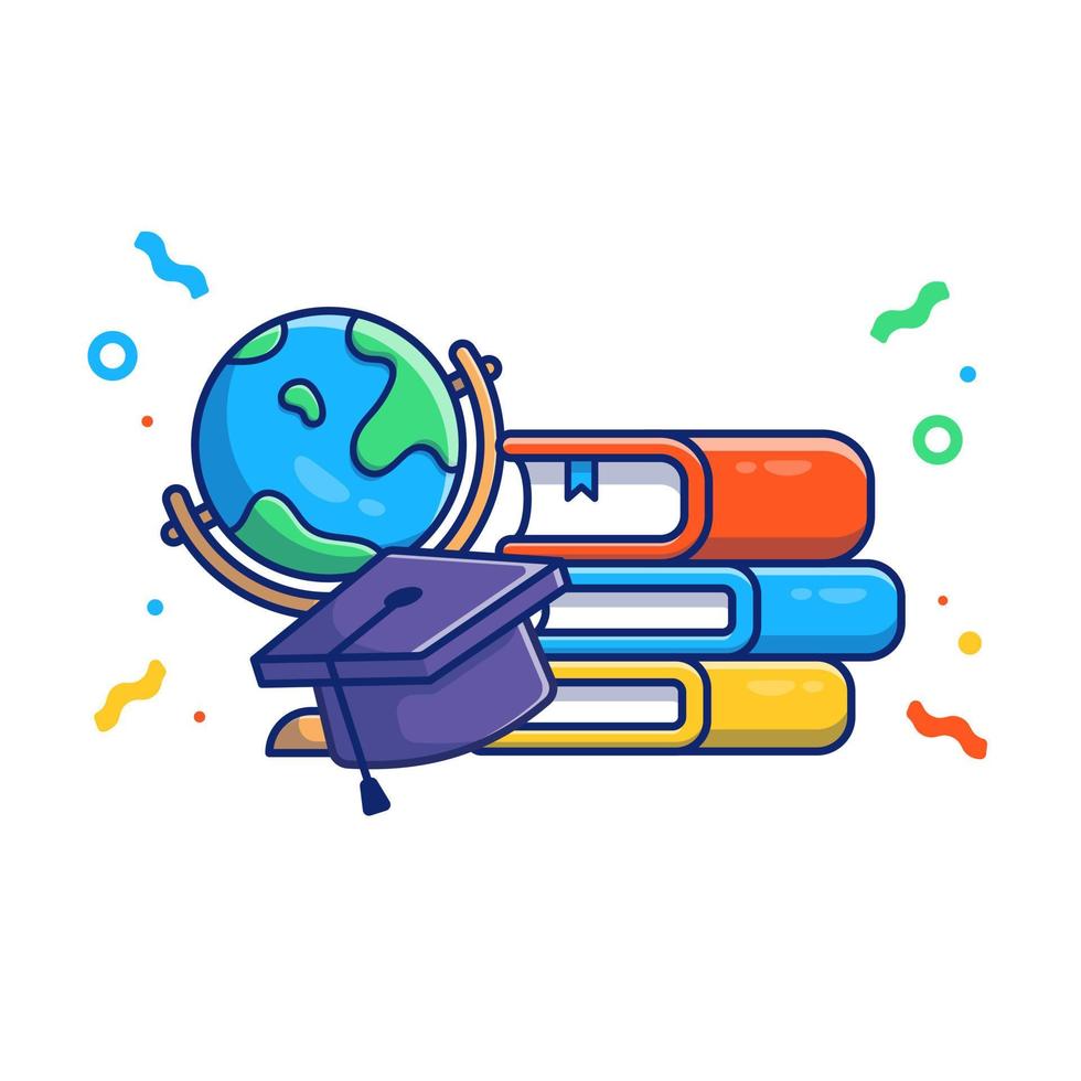 Globe, Graduation Hat And Books Cartoon Vector Icon Illustration.  Education Object Icon Concept Isolated Premium Vector. Flat Cartoon  Style