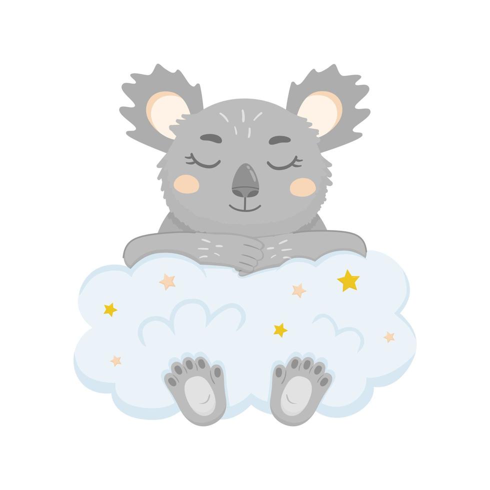 Koala sleeping on the cloud with stars. Vector illustration of cute koala for kids.