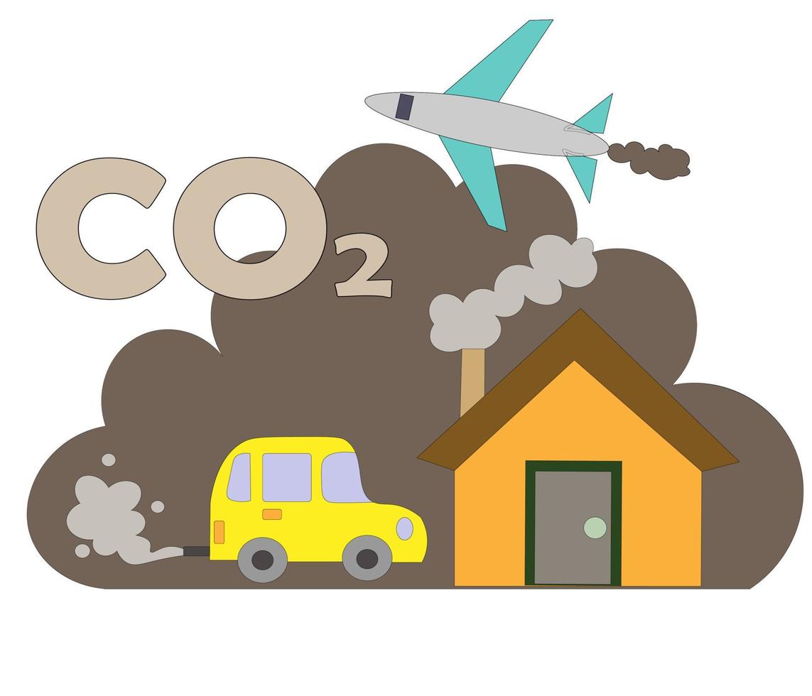 emisiones de dióxido de carbono. escena de emisión de co2 en la ciudad en avión, coche, casa. contaminación ambiental, smog urbano. peligro del clima de efecto invernadero y el calentamiento del planeta. concepto vector