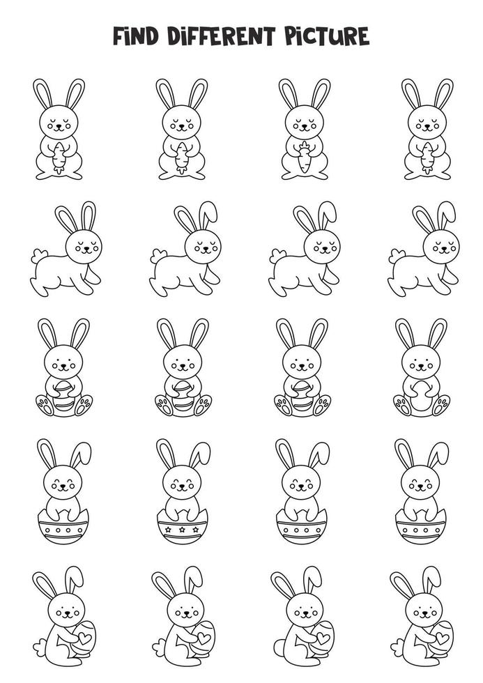 Find cute Easter bunny is different from others. Black and white worksheet for kids. vector