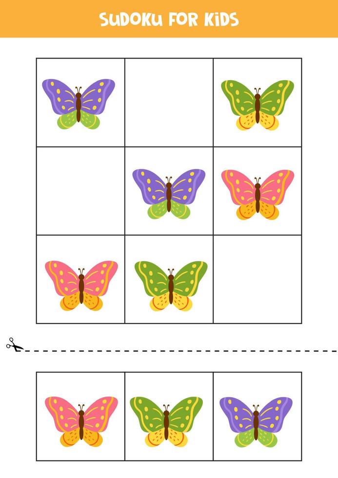 Educational sudoku game with cartoon butterflies for kids. vector