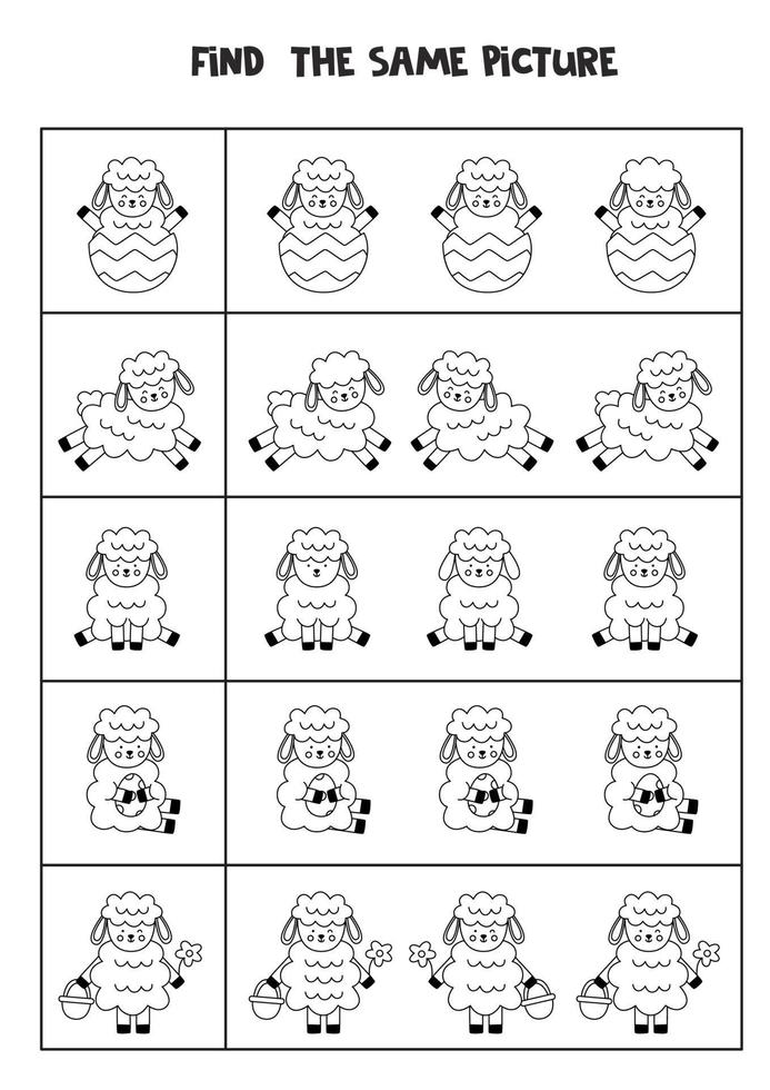 Find two the same cute pictures. Black and white worksheet. vector