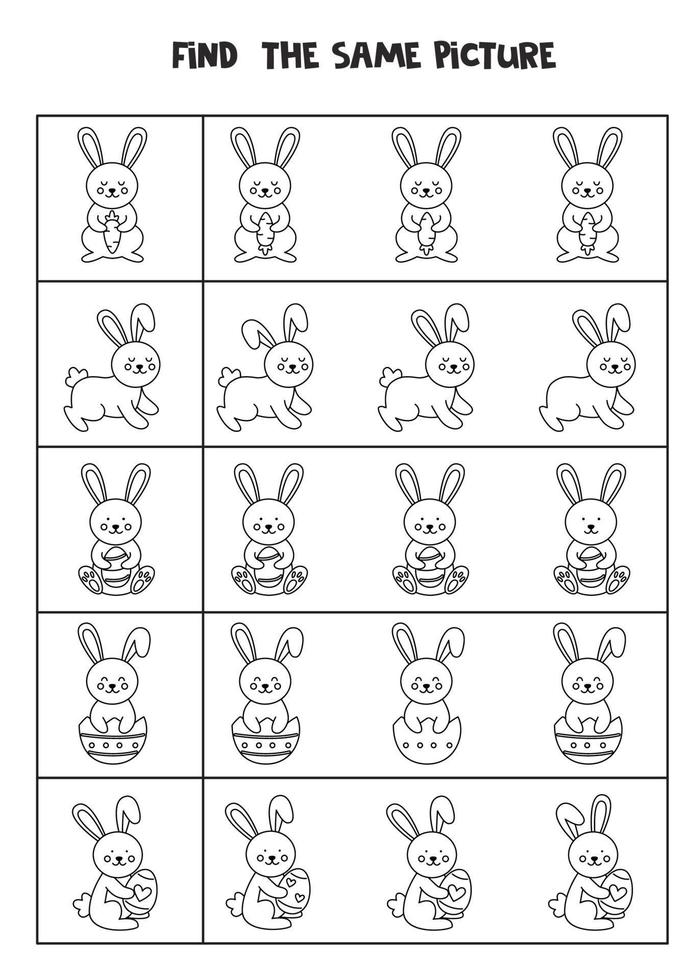 Find two the same cute pictures. Black and white worksheet. vector