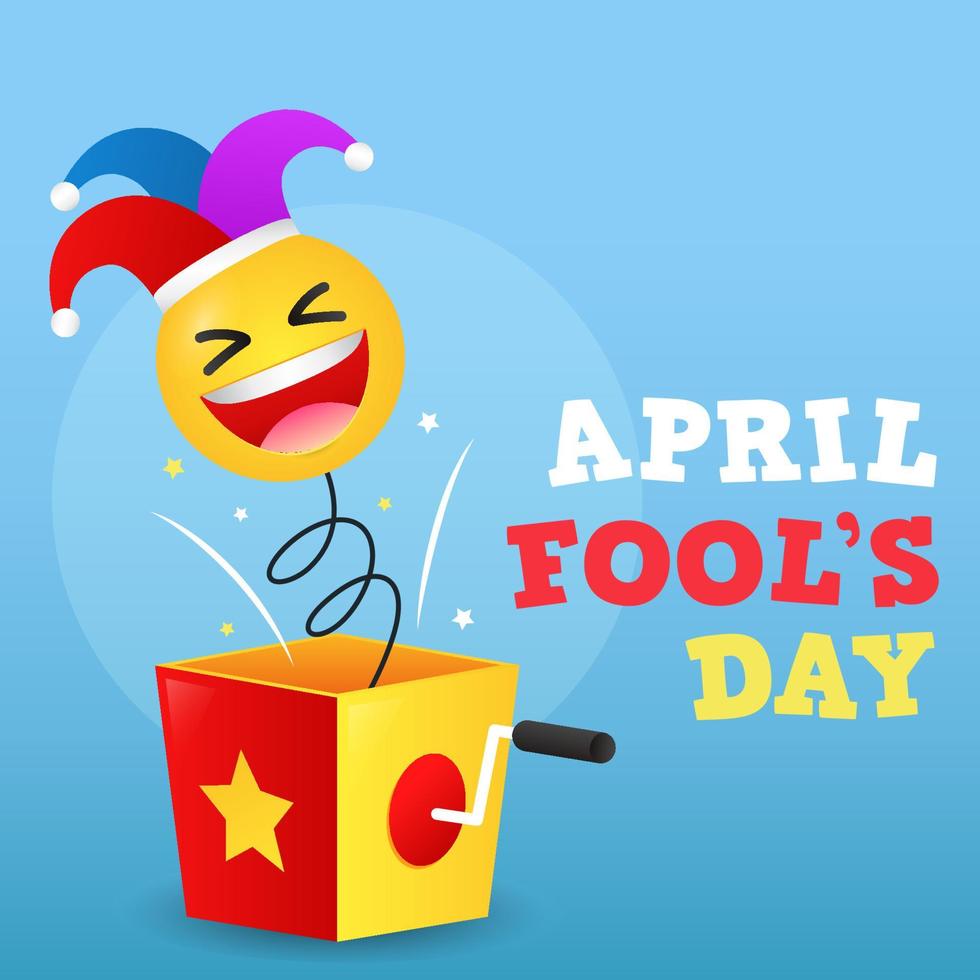 happy april fools day illustration with surprise box and emoticon and hat vector
