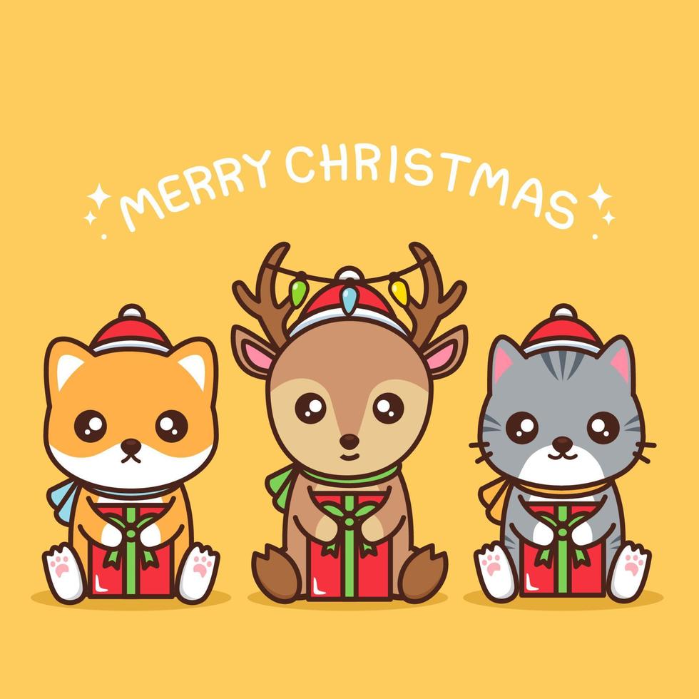 Merry christmas illustration with cute animals wear santa hat vector