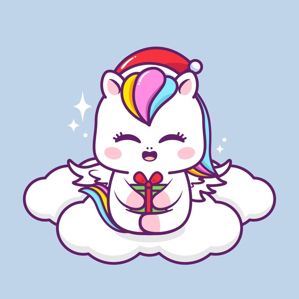 lindo unicornio navideño con regalo en la nube vector