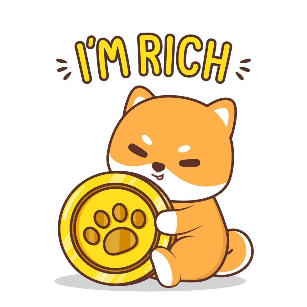 cute chubby puppy hugging a coin illustration vector