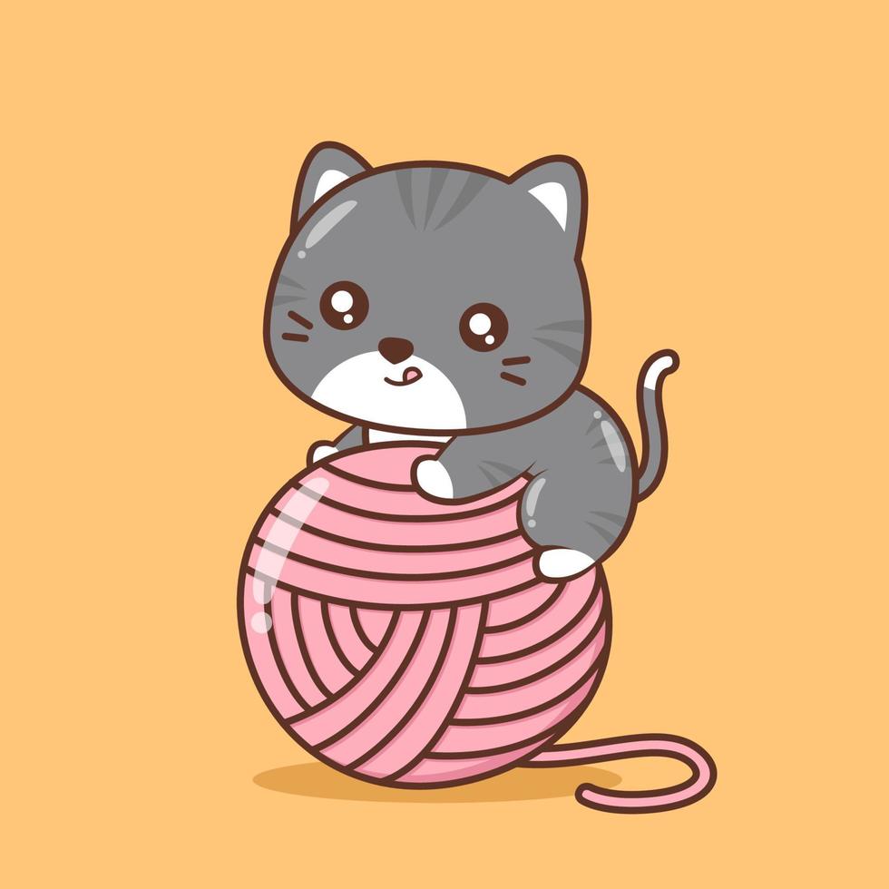 cute cat with big pink yarn ball vector