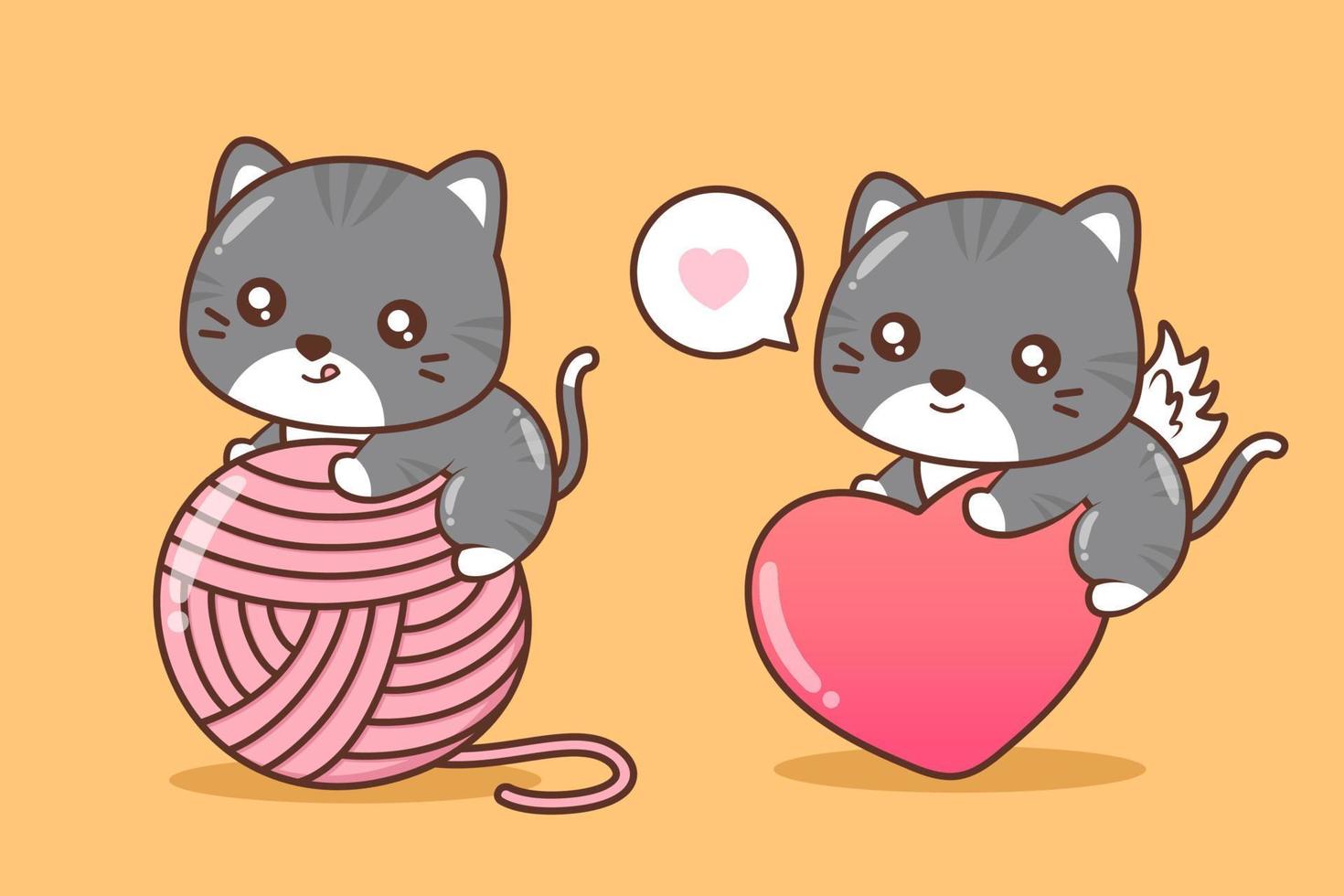 lindo gato con gran bola de hilo rosa y corazón vector