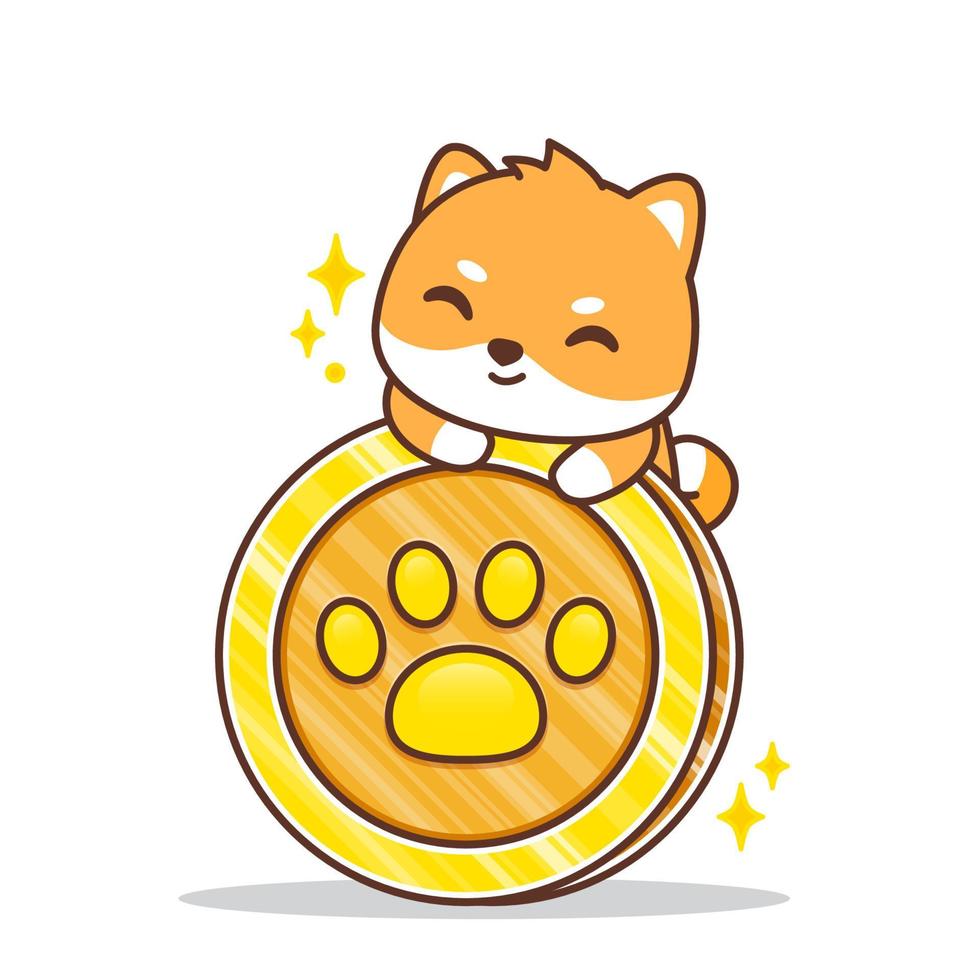 cute chubby puppy hugging a coin illustration vector