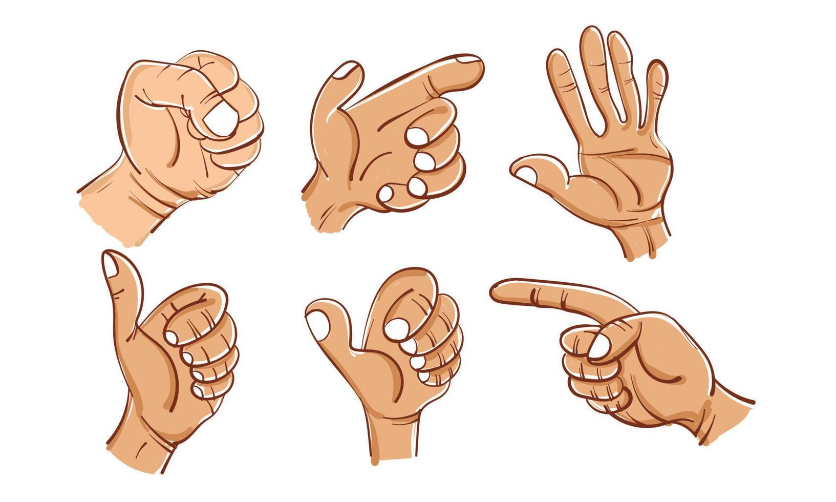 Hands set in different gestures with hand drawn cartoon style vector