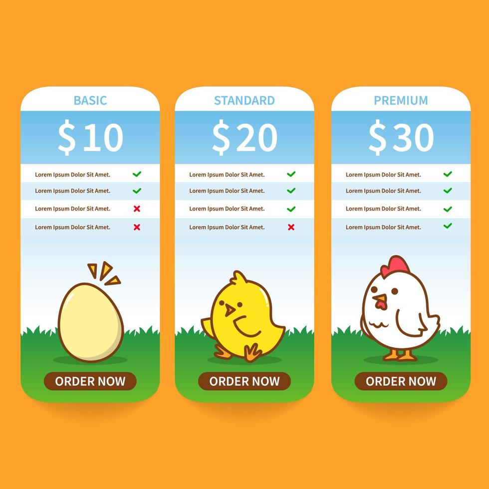 Pricing table list with cute chicken vector