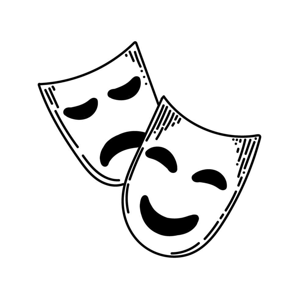 Actor's face masks, hand-drawn in doodle style. Contour icon of a theatrical mask. Emotion of joy and sadness. Isolated line drawing element. Vector illustration.