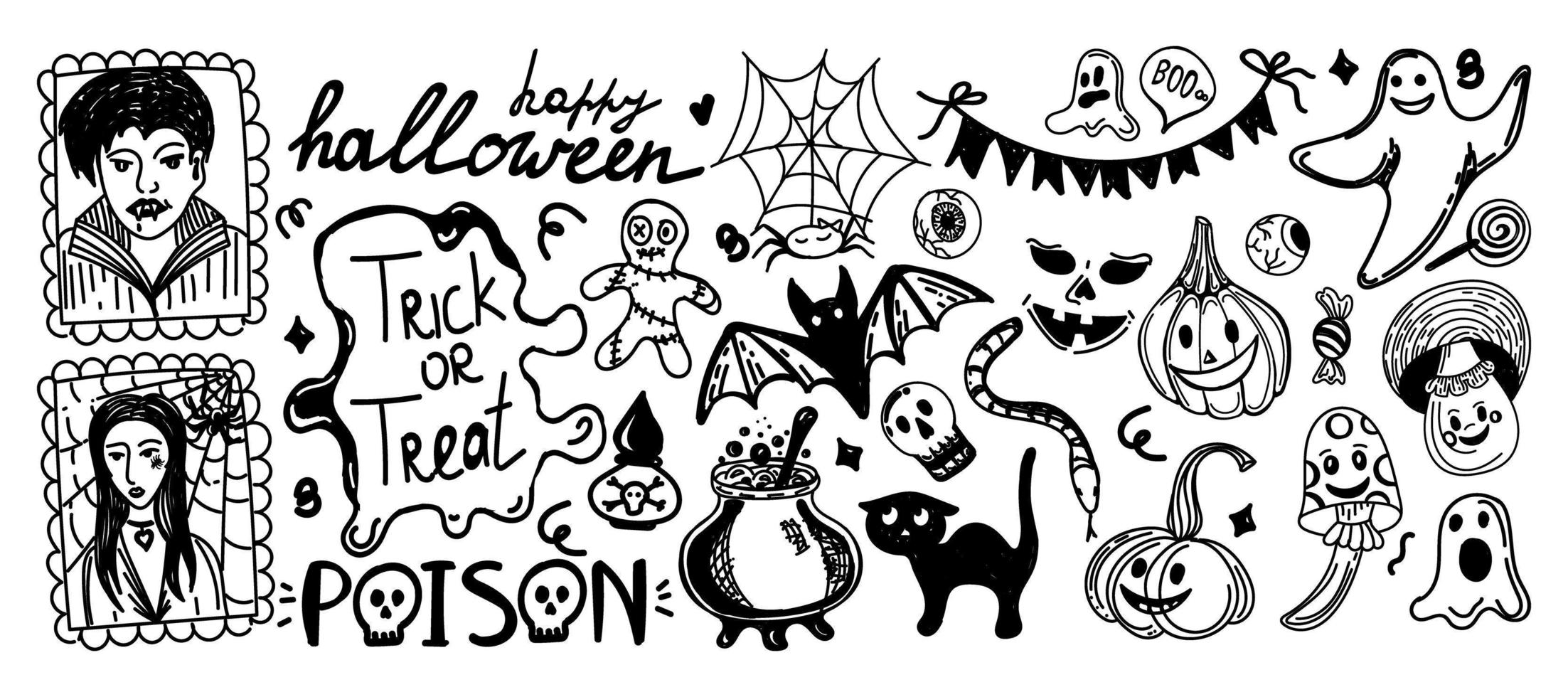 Cute set for Halloween. Hand-drawn doodle-style elements. Monochrome. Collection of vector drawings for All Saints' Day pumpkin, ghost, magic objects, cat, voodoo doll, etc.