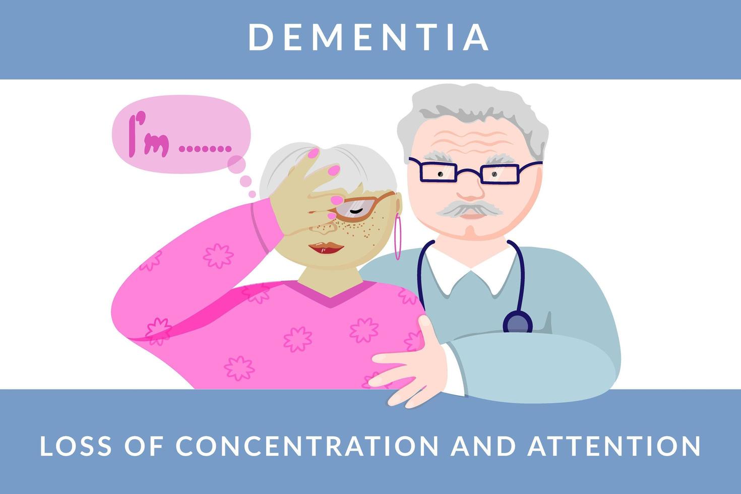 The concept of Alzheimer's disease. Nice elderly woman with stress, anxiety, and memory problems. Woman holding her head. Flat style vector illustration.