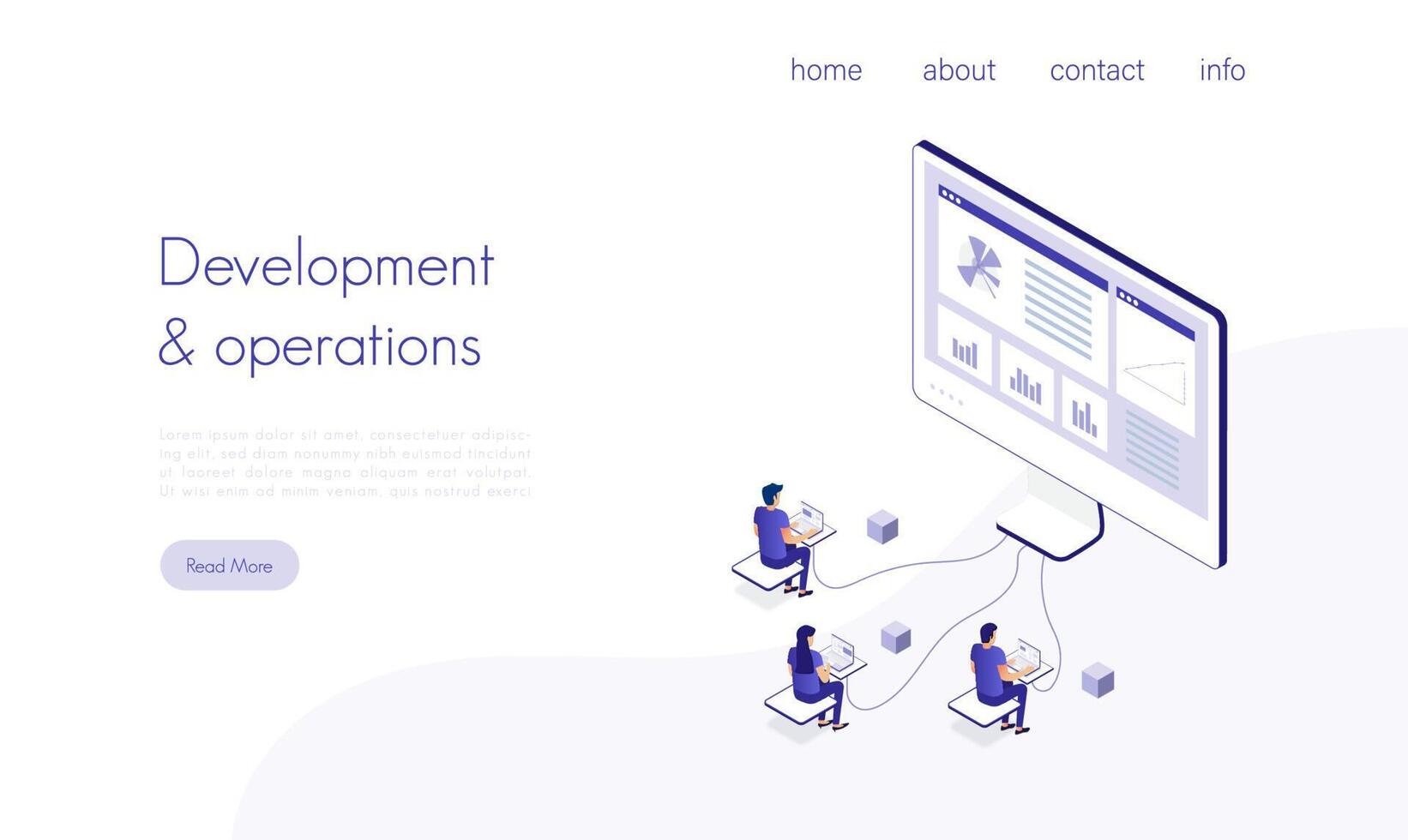 Landing page template with group of programmers coding on laptops, computer and smartphone. Concept of cross-platform software development, apps for different devices. Isometric vector illustration.