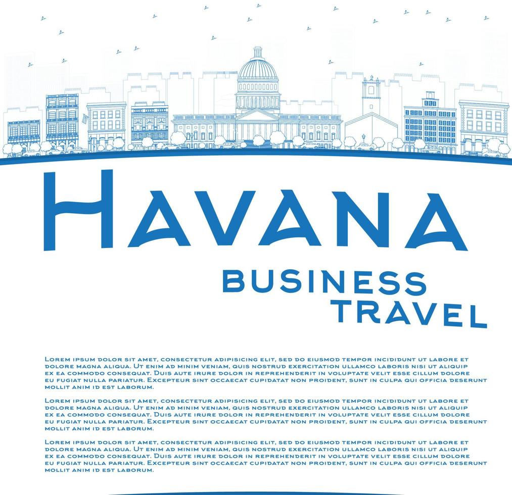 Outline Havana Skyline with Blue Building and copy space. vector