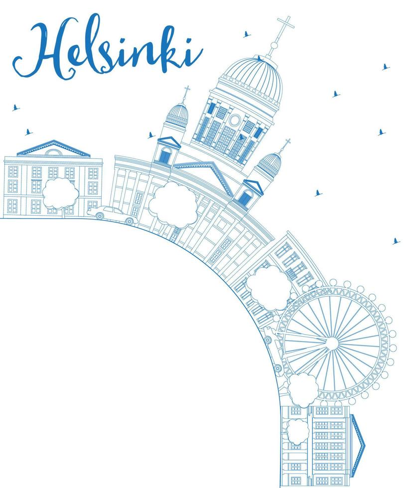 Outline Helsinki skyline with blue buildings and copy space. vector