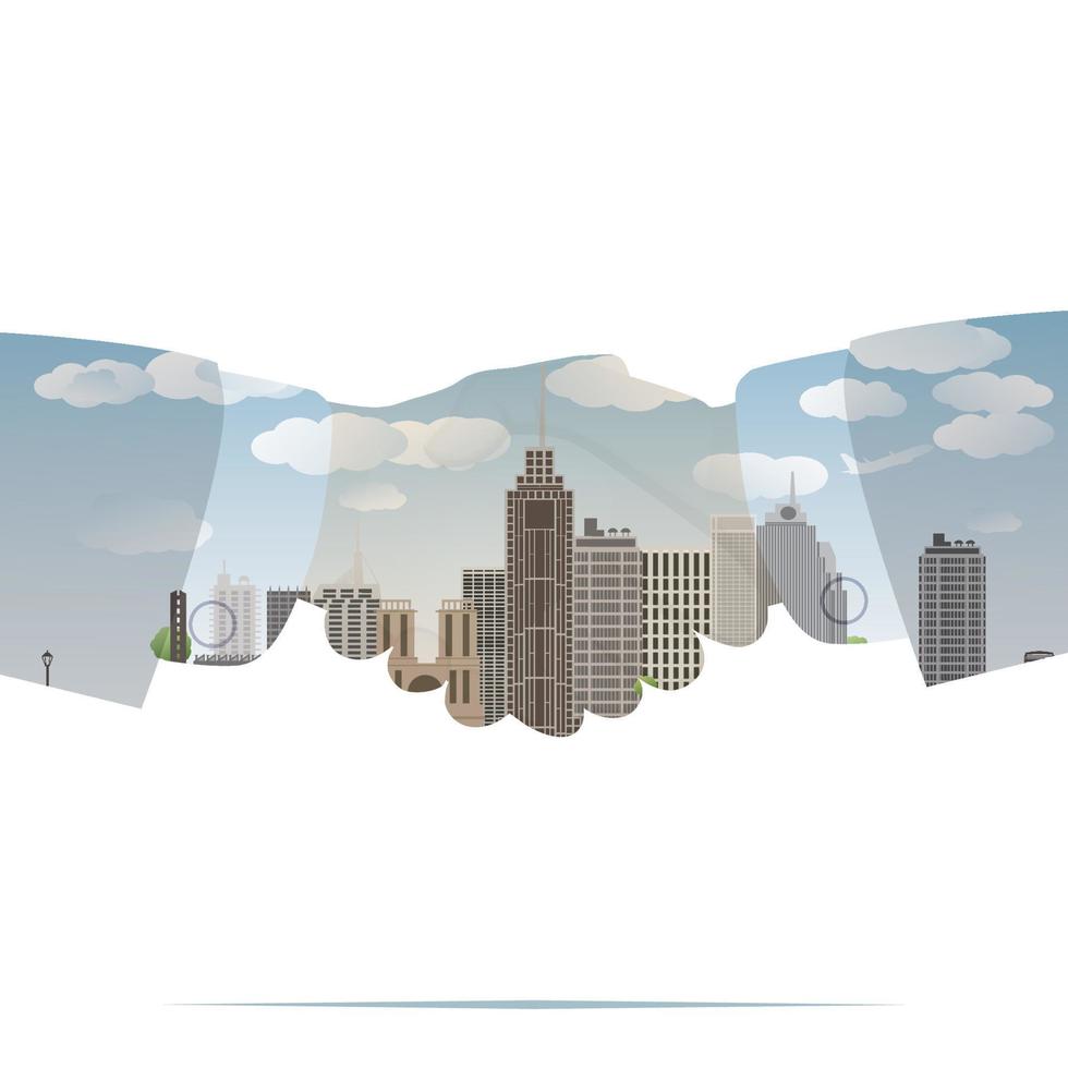 double exposure handshake businessman on city background. vector