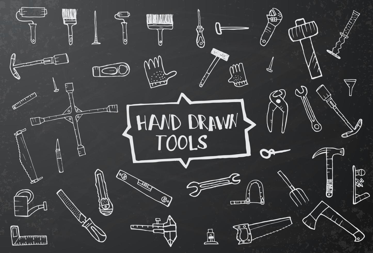 Hand drawn tool icons set on black chalk board. vector