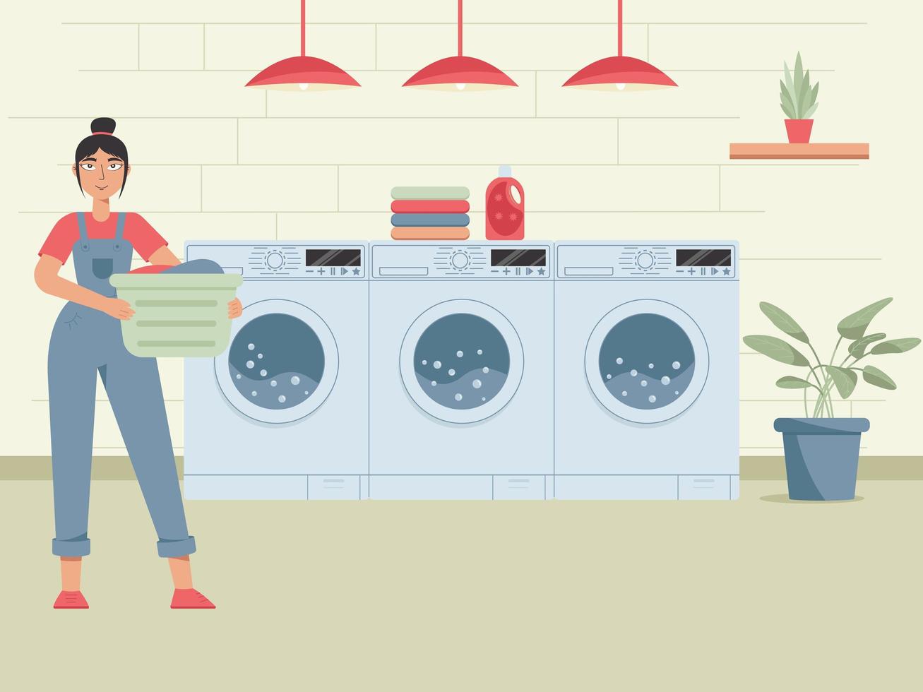 Happy woman doing laundry. Woman holding backet with clean clothes. Housework, laundry service. Washing clothes. vector