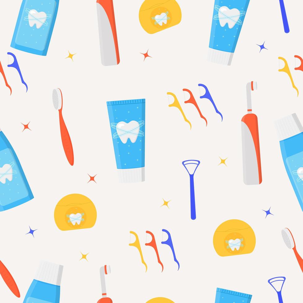 Mouth cleaning tools seamless pattern. Various toothbrushes, toothpaste, tongue brush, dental floss, mouthwash. Dental hygiene vector