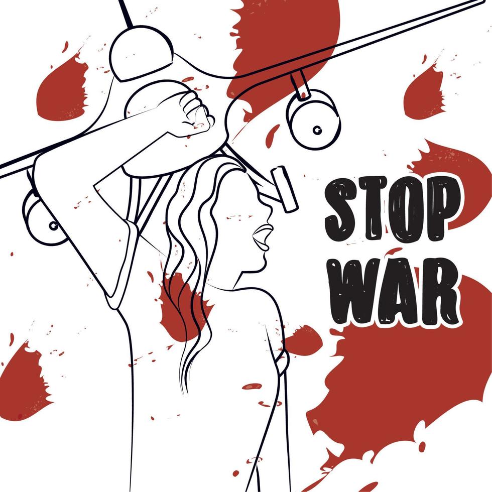 Outline of a protesting woman Fighter plane Stop war poster Vector