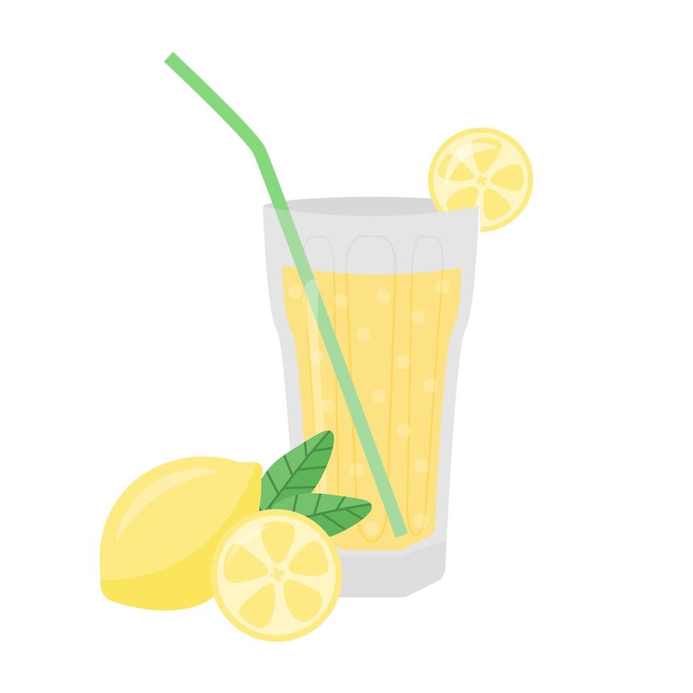 Glass of lemonade with a straw and lemon on a white background vector