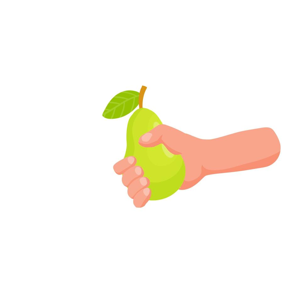 Hand holding pear. Sweet summer green fruit. Healthy food. vector