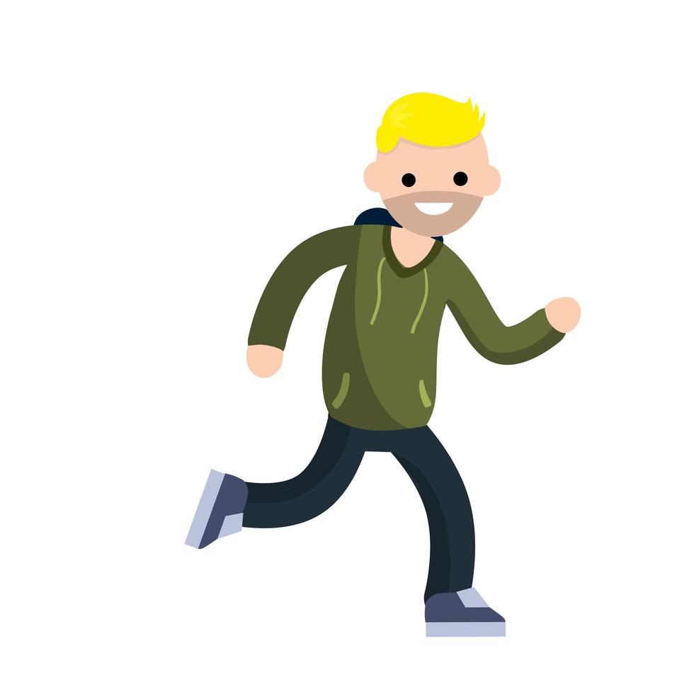 Young man in Hoodies. Running and sports. Active lifestyle. Movement and walking. Cartoon flat illustration. vector