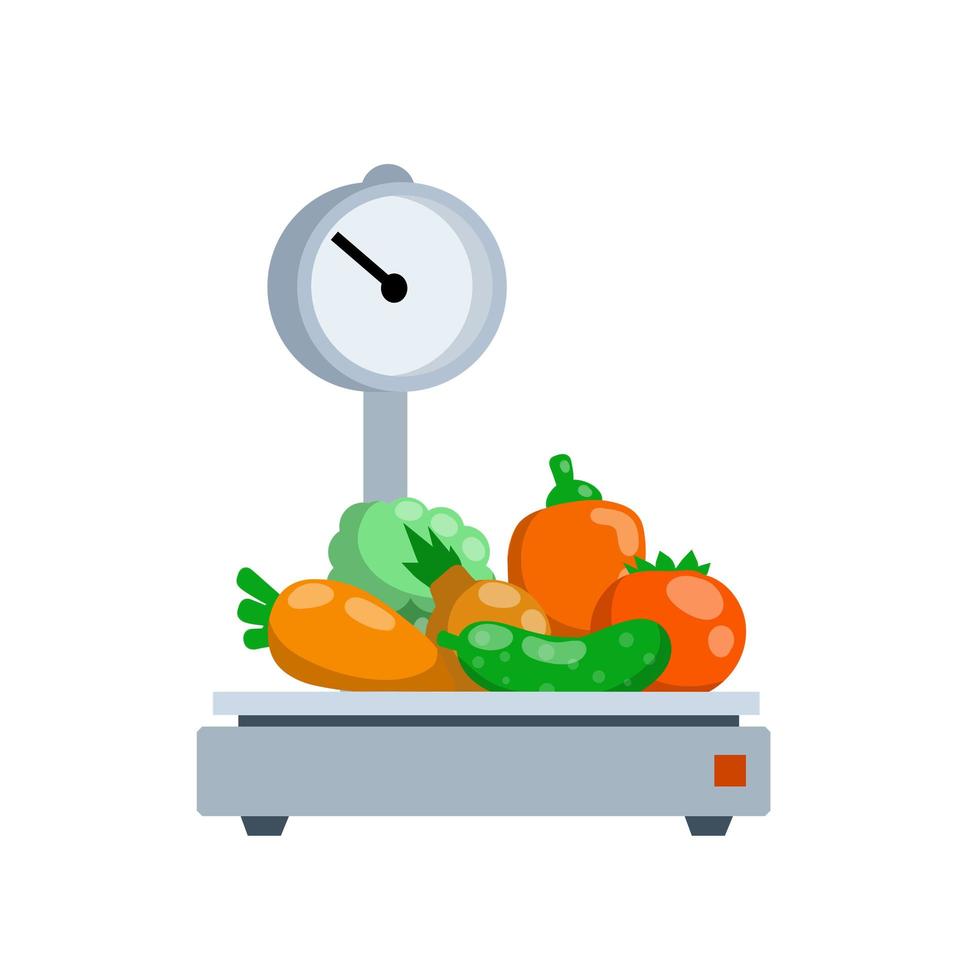 Vegetables on the scales. Shopping in a grocery store vector