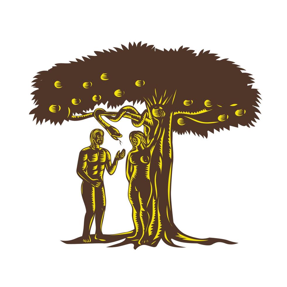 adán y eva árbol de la vida xilografía vector