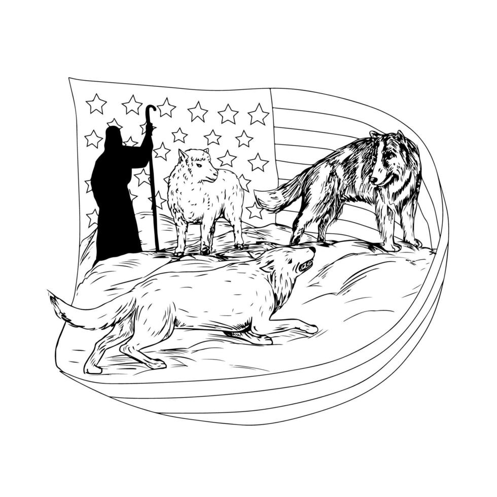 Sheepdog Defend Lamb from Wolf Drawing vector