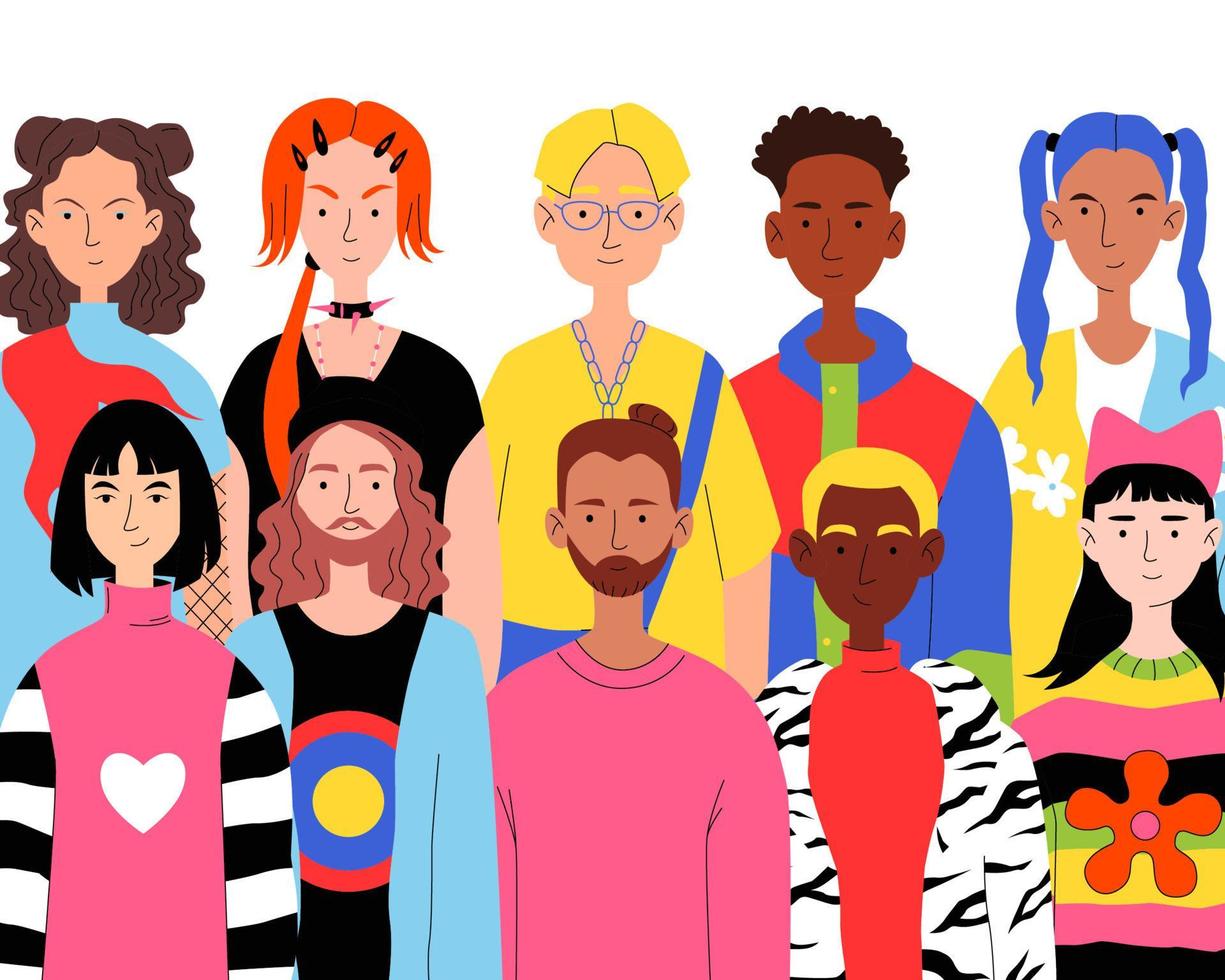 grupo diverso de personas de diferente género y etnia. concepto de comunidad. estilo callejero, moda, hipster. ilustración plana vectorial. vector