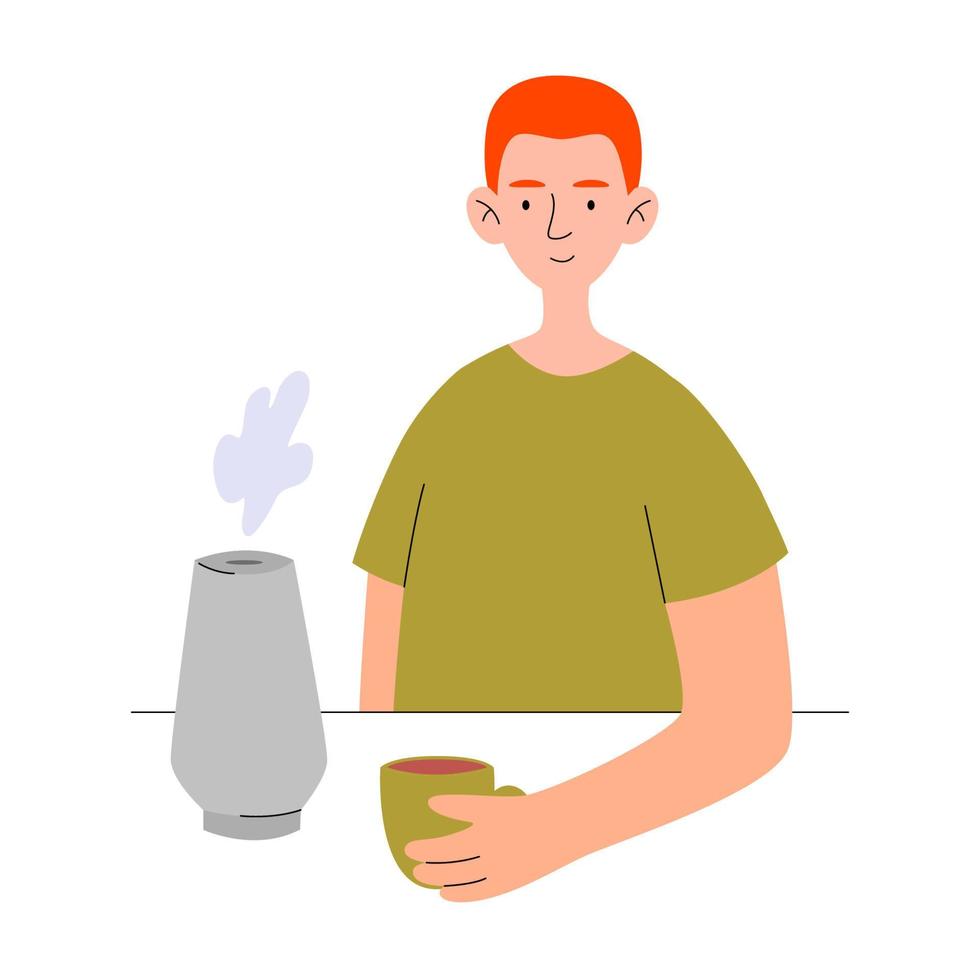 Man with cup. Concept air purifier in home. Vector flat illustration.