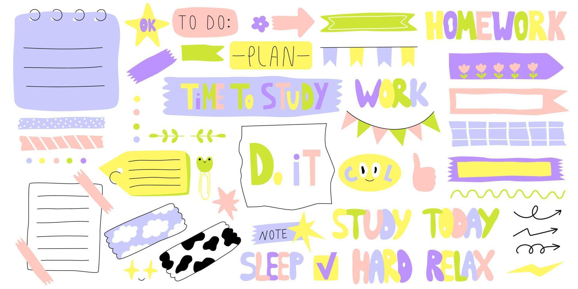 Signs and symbols for organized your planner. Template for stickers, scrapbooking, wrapping, notebooks, diary. Spring pastel beauty collection. Vector naive illustration.