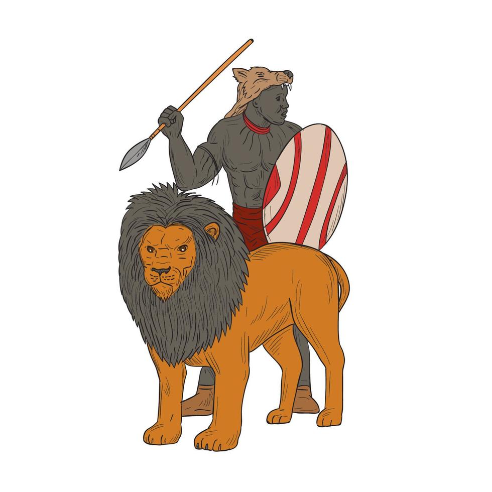 African Warrior Spear Hunting With Lion Drawing vector
